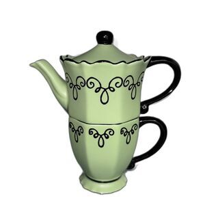 Chaleur Teapot Cup Set for One Light Green Black Trim Tea for One